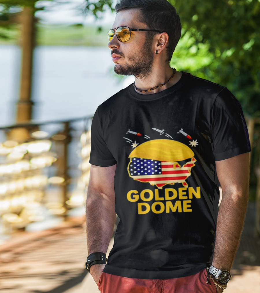 Golden Dome USA Map Trump Hair Shield With Stars And Stripes T-Shirt