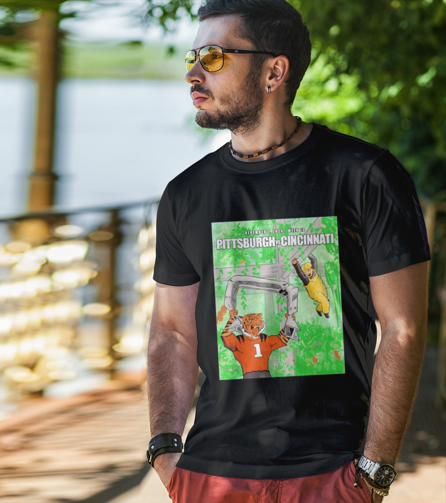 Pittsburgh Steelers Vs Cincinnati Bengals December 1 2024 Week 13 Cartoon Tiger And Construction Worker Jungle Showdown T-Shirt