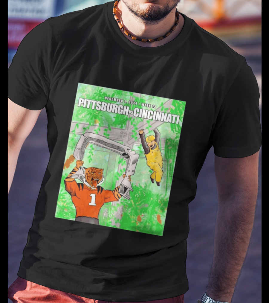 Pittsburgh Steelers Vs Cincinnati Bengals December 1 2024 Week 13 Cartoon Tiger And Construction Worker Jungle Showdown T-Shirt