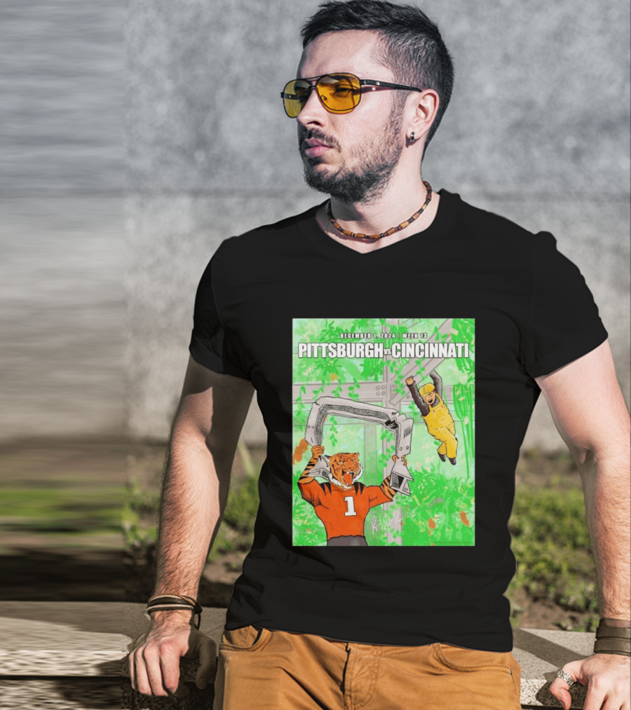 Pittsburgh Steelers Vs Cincinnati Bengals December 1 2024 Week 13 Cartoon Tiger And Construction Worker Jungle Showdown T-Shirt