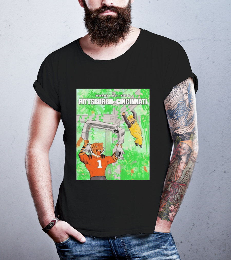 Pittsburgh Steelers Vs Cincinnati Bengals December 1 2024 Week 13 Cartoon Tiger And Construction Worker Jungle Showdown T-Shirt