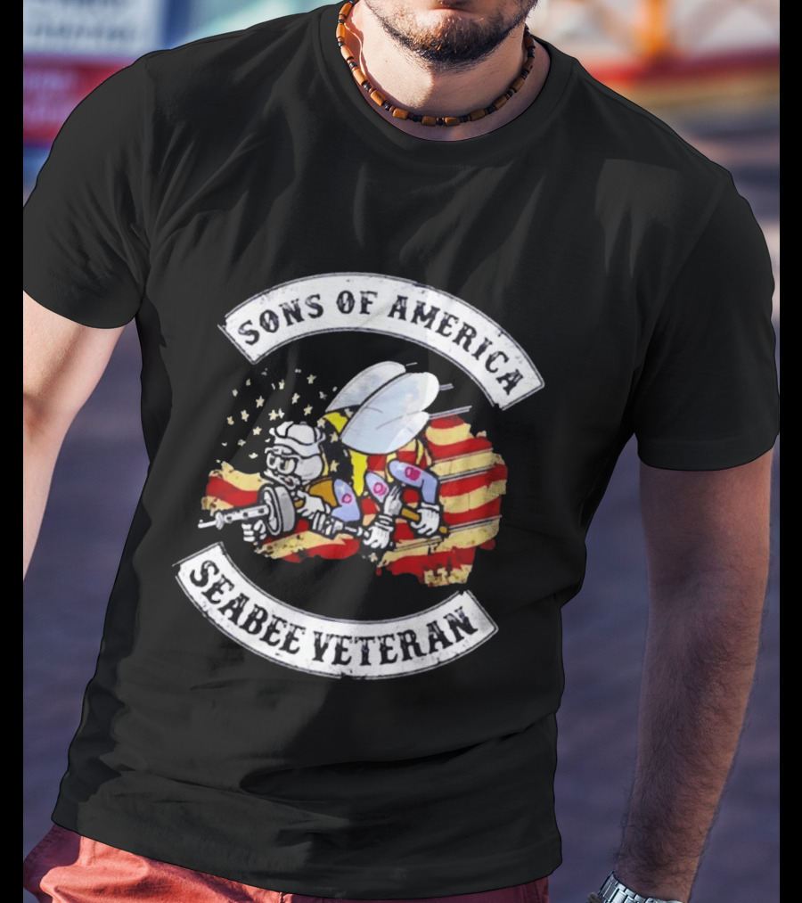 Sons Of America Seabee Veteran US Flag Military Pride T-Shirt