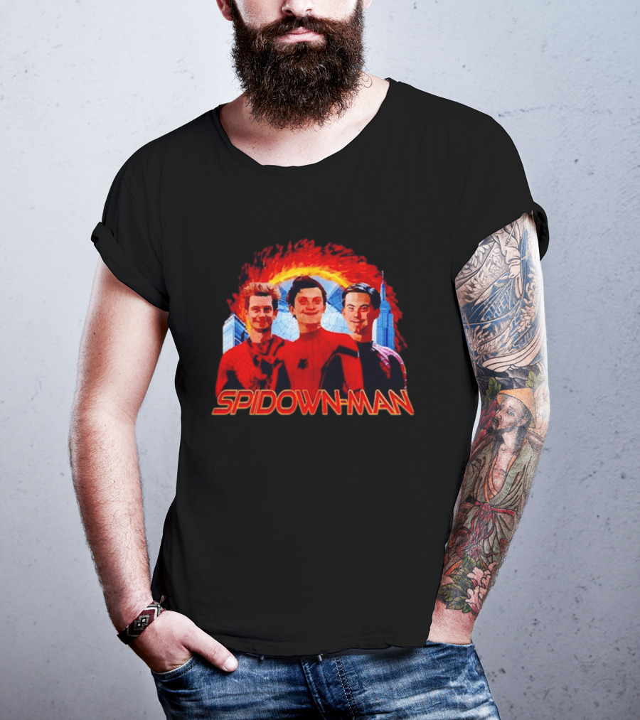 Spidown Man Trio Mashup With Fire And Spider Web T-Shirt