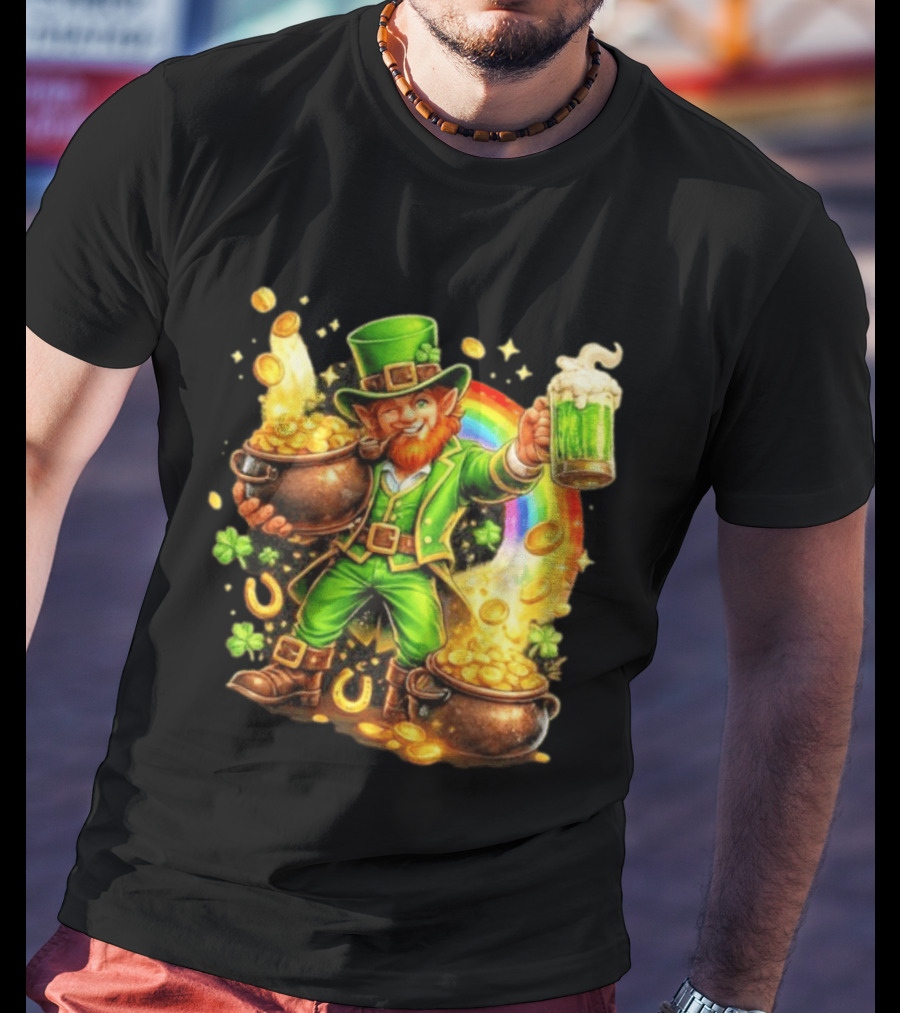 St Patricks Day Irish Leprechaun Cheers With Pot Of Gold And Rainbow Luck T-Shirt