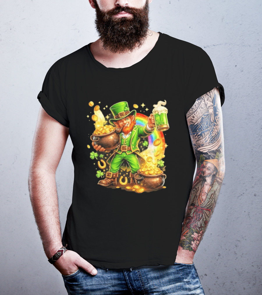 St Patricks Day Irish Leprechaun Cheers With Pot Of Gold And Rainbow Luck T-Shirt