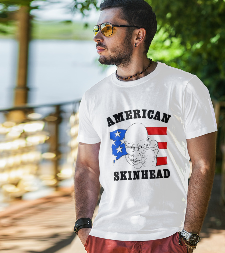 American Skinhead USA Bald Character With Flag Stars And Stripes T-Shirt