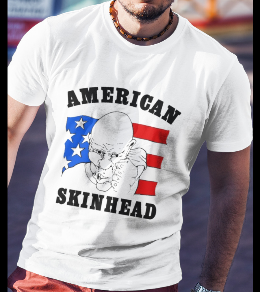 American Skinhead USA Bald Character With Flag Stars And Stripes T-Shirt