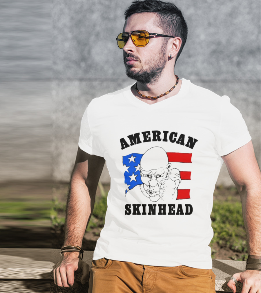 American Skinhead USA Bald Character With Flag Stars And Stripes T-Shirt