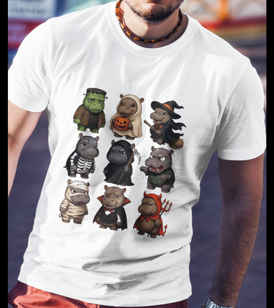 Baby Hippo Frankenstein Ghost Witch Skeleton Grim Reaper Zombie Mummy Dracula Devil Halloween 2025 T-Shirt