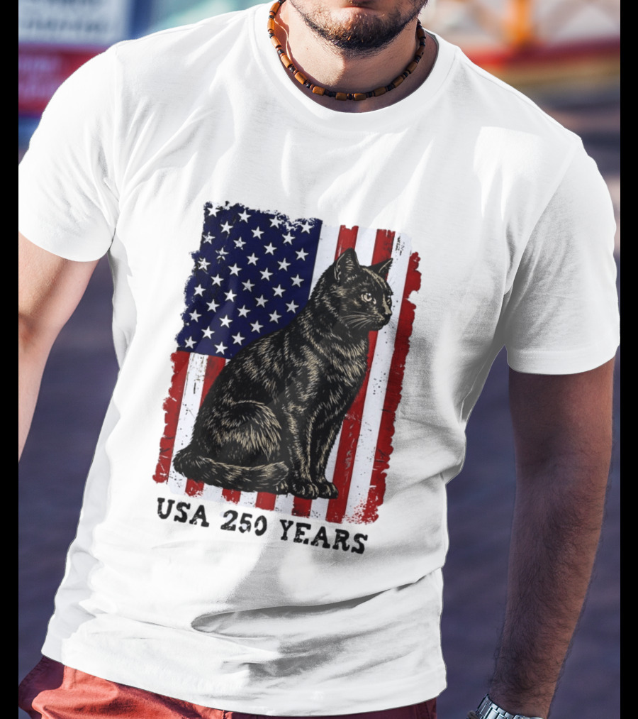 USA 250 Years Liberty Cat American Flag T-Shirt