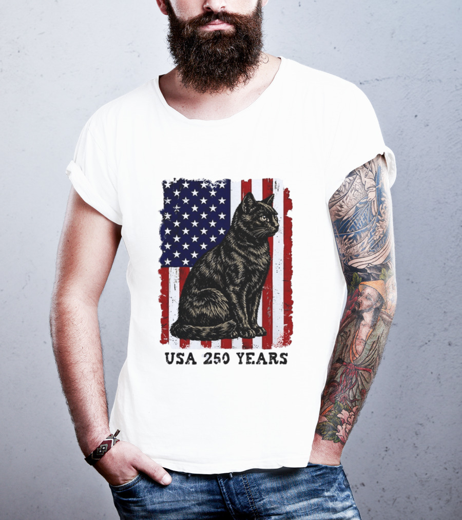 USA 250 Years Liberty Cat American Flag T-Shirt