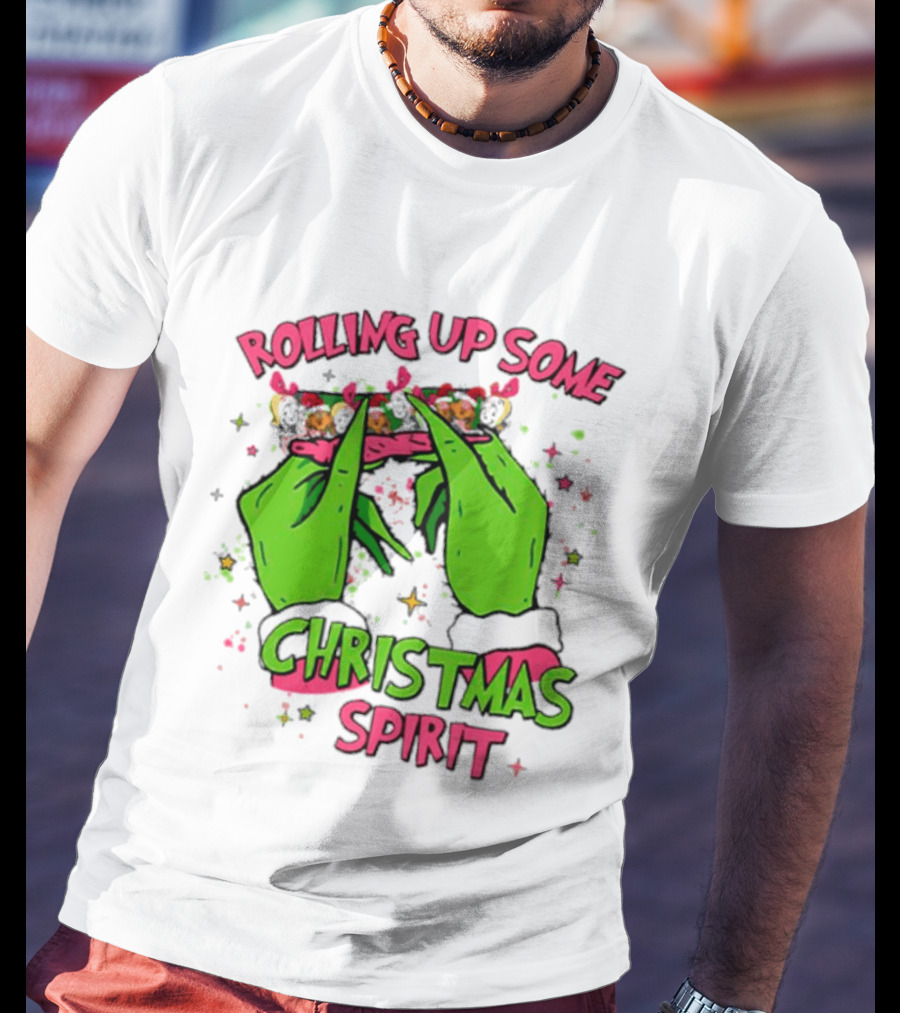 Grinch Rolling Up Some Christmas Spirit With Green Hands And Glitter Stars T-Shirt