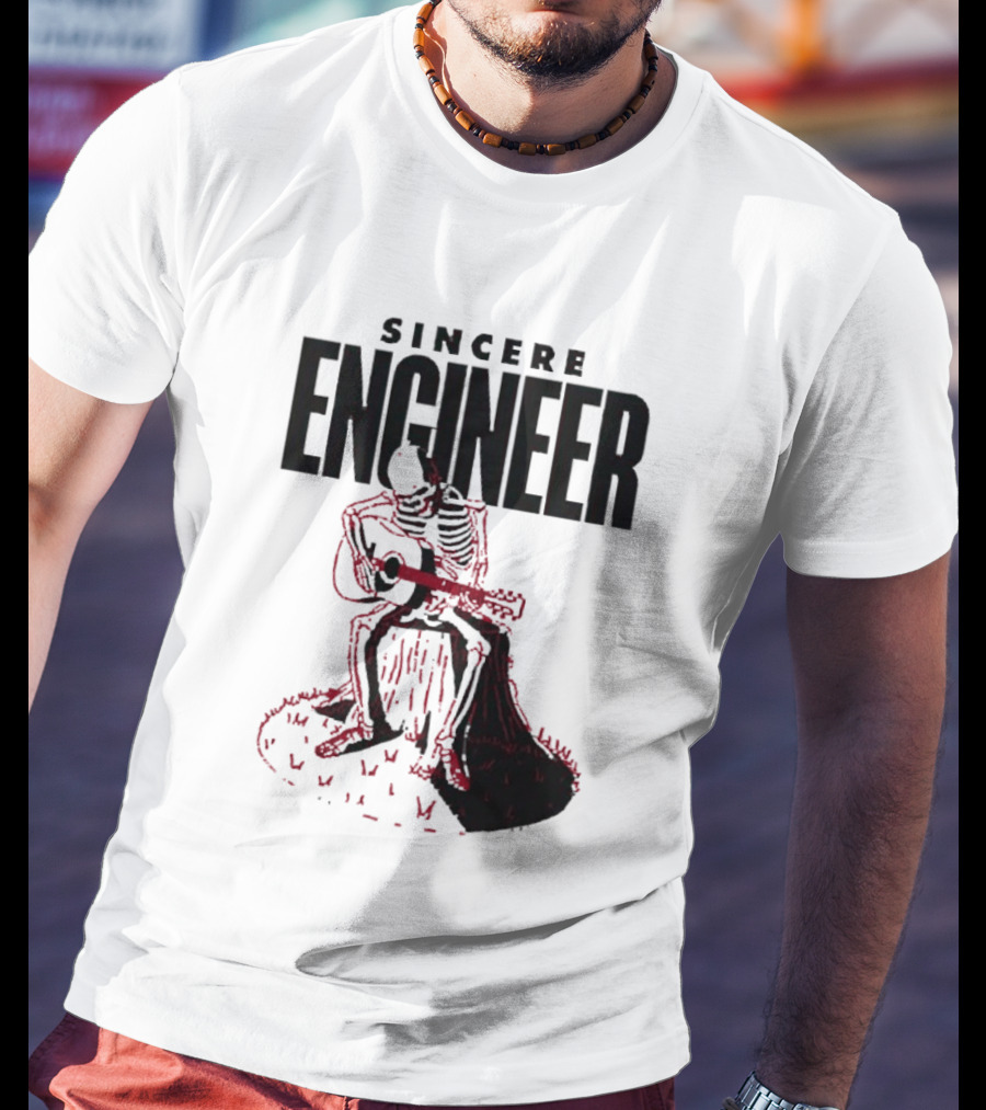 Sincere Engineer Skeleton Playing Guitar On Tree Stump T-Shirt