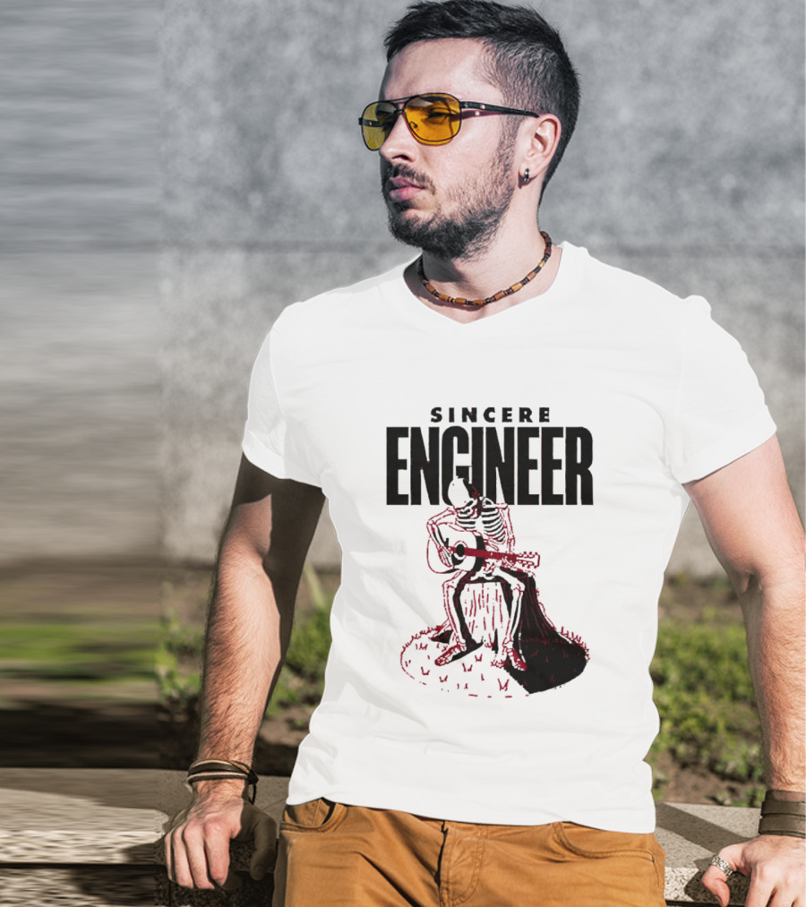 Sincere Engineer Skeleton Playing Guitar On Tree Stump T-Shirt