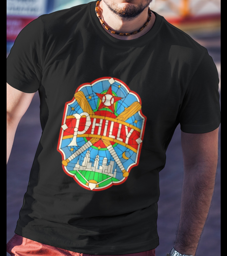 Philadelphia Phillies Stained Glass Philly Skyline Baseball Star Bats T-Shirt