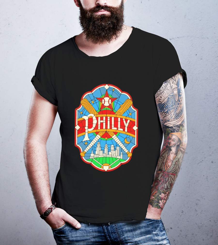 Philadelphia Phillies Stained Glass Philly Skyline Baseball Star Bats T-Shirt