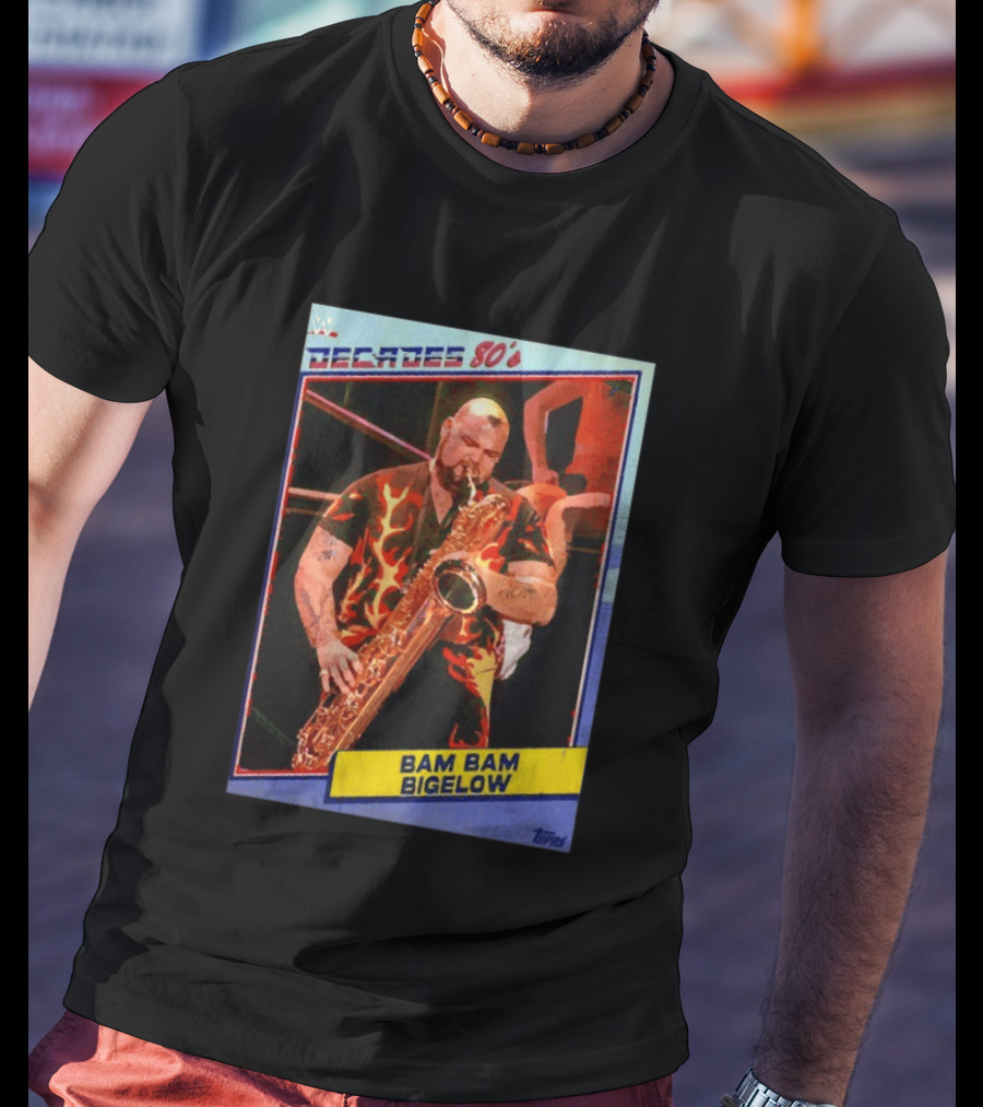 WWE Decades 80's Bam Bam Bigelow Topps Trading Card Saxophone Flame T-Shirt