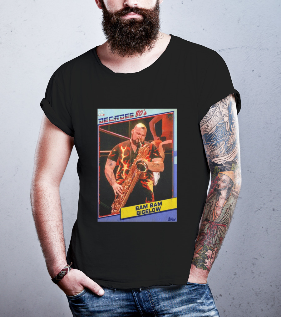 WWE Decades 80's Bam Bam Bigelow Topps Trading Card Saxophone Flame T-Shirt