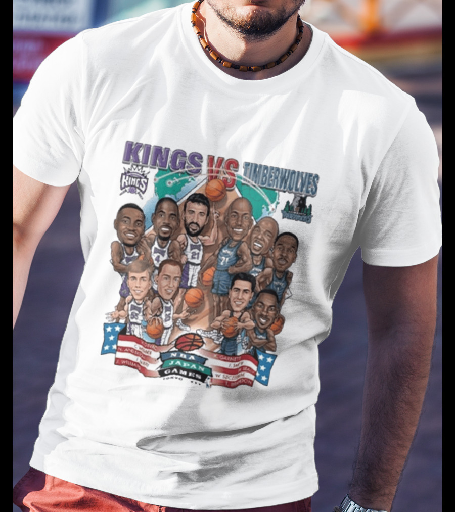 Kings Vs Timberwolves NBA Japan Games Tokyo 1999 Player Caricatures Basketball Showdown T-Shirt