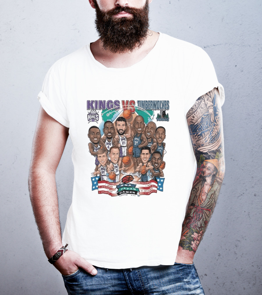 Kings Vs Timberwolves NBA Japan Games Tokyo 1999 Player Caricatures Basketball Showdown T-Shirt