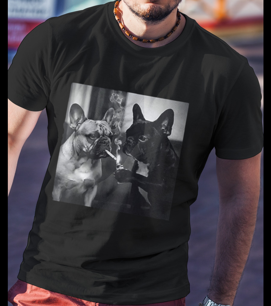 Frenchie Buddies French Bulldog Smoking Cigarette Meme Black And White Humor Duo T-Shirt
