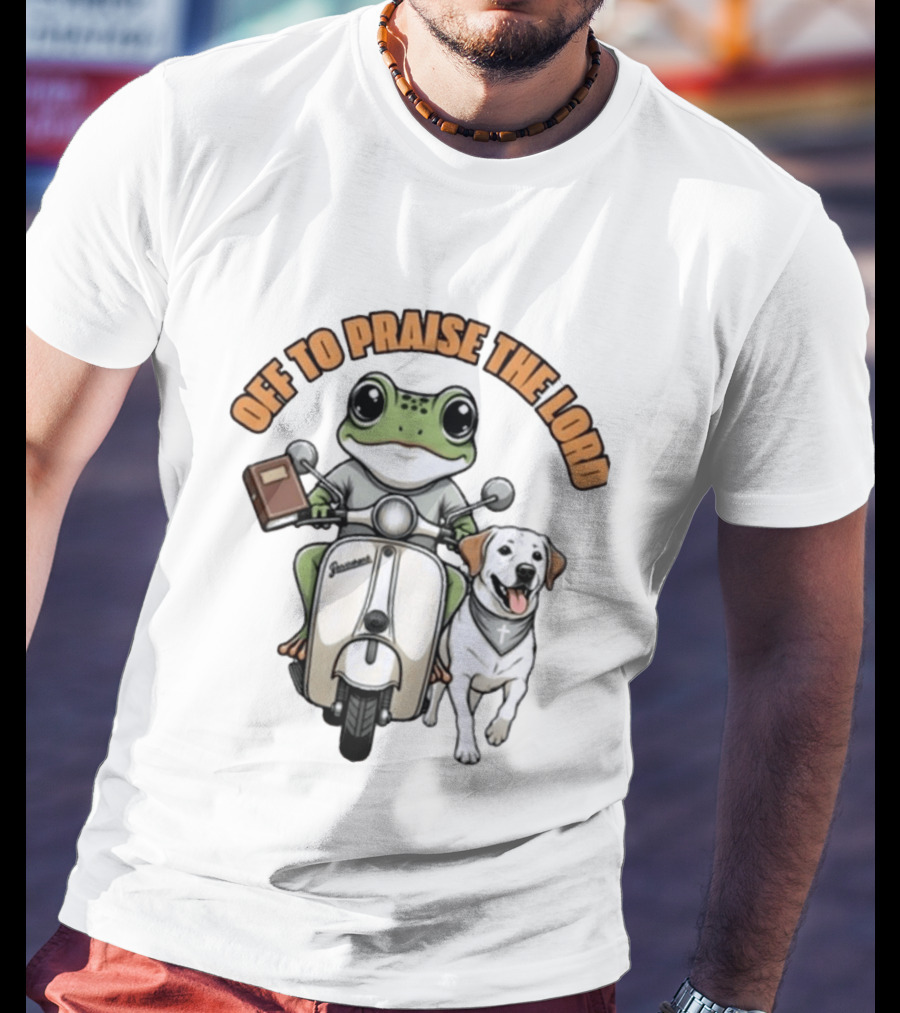Off To Praise The Lord Frog Riding Scooter Labrador T-Shirt
