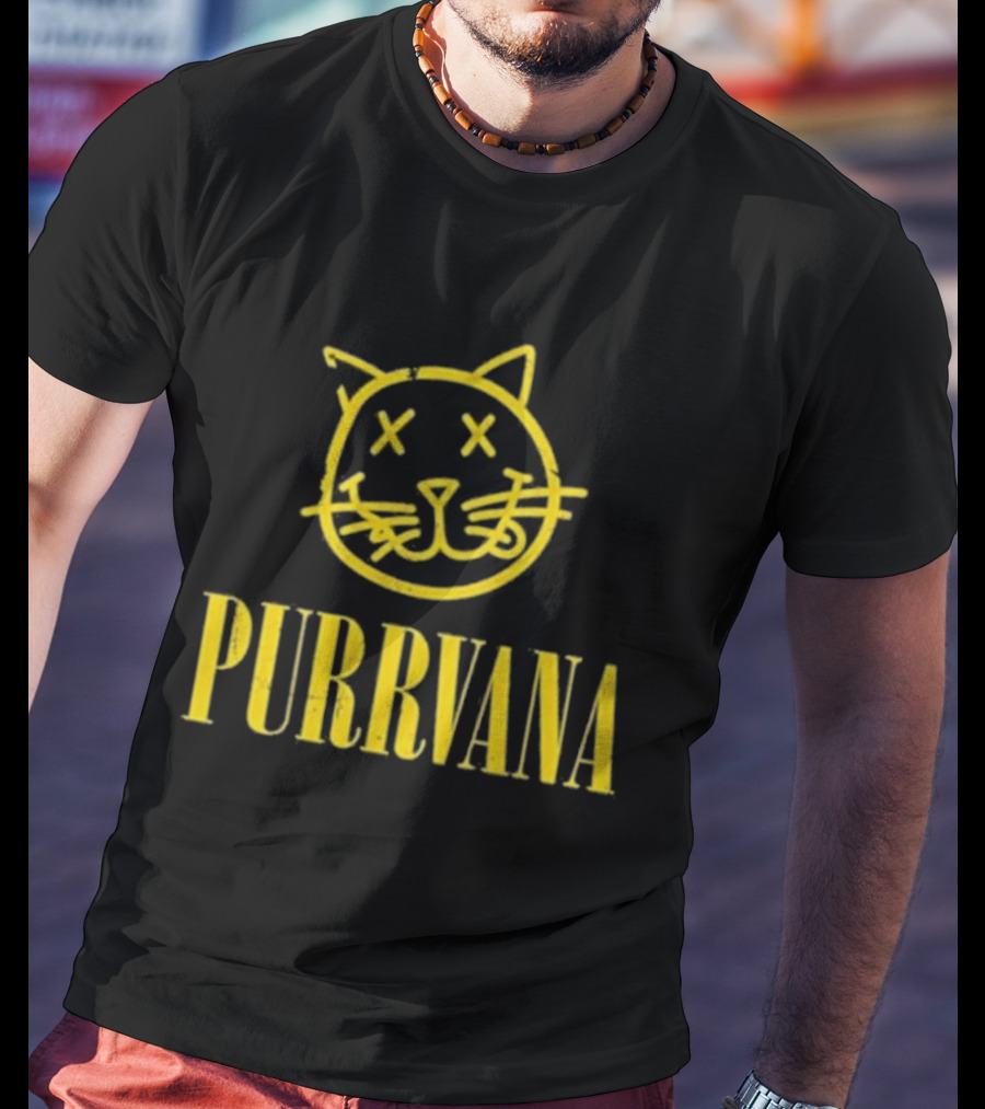 Purrvana Cat Face Yellow Grunge Style Kitty T-Shirt