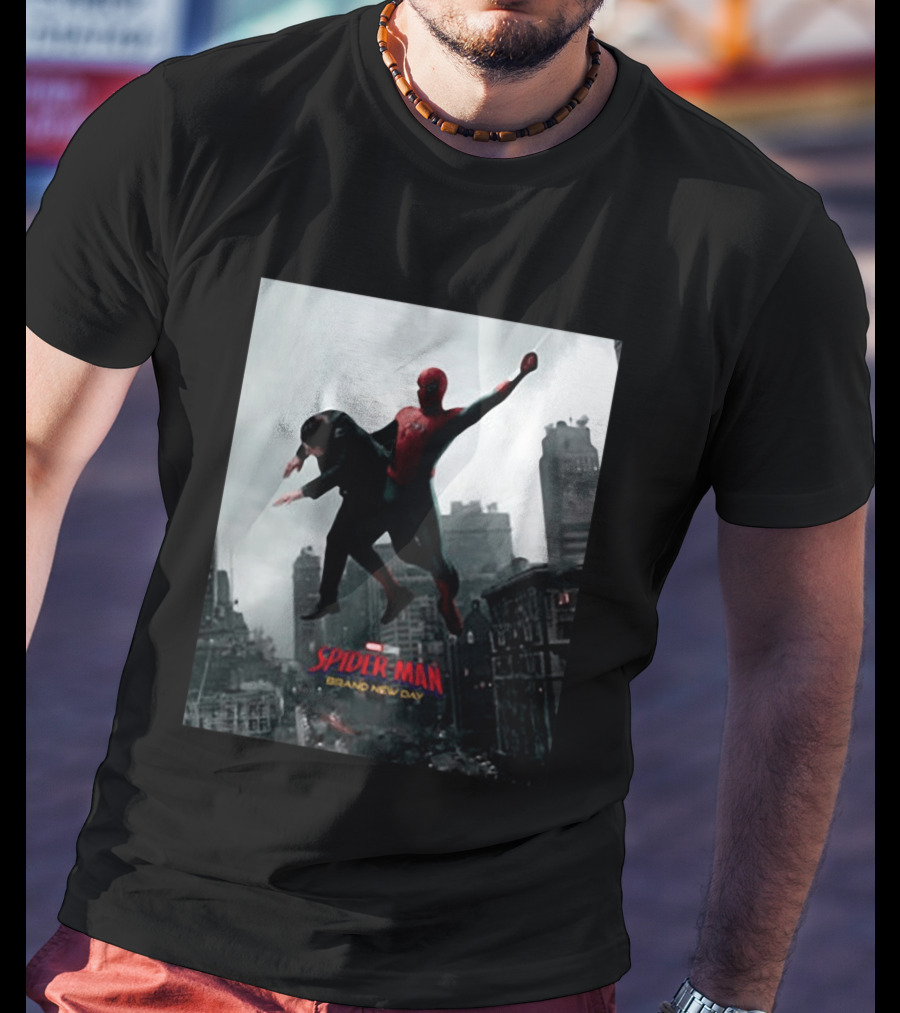 Spider Man Brand New Day Marvel Comic Scene Flying Over City Skyline T-Shirt