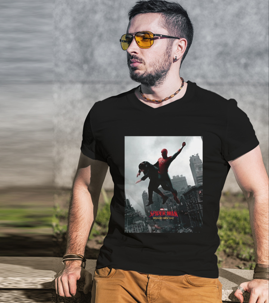 Spider Man Brand New Day Marvel Comic Scene Flying Over City Skyline T-Shirt