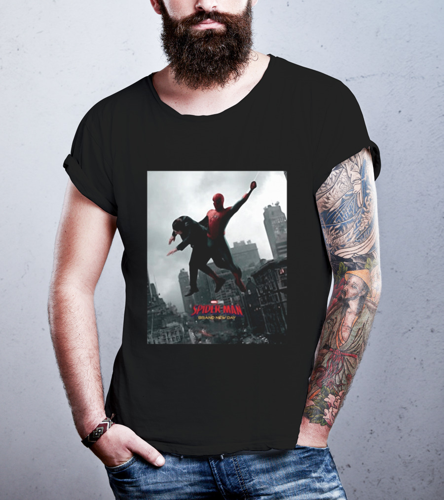 Spider Man Brand New Day Marvel Comic Scene Flying Over City Skyline T-Shirt
