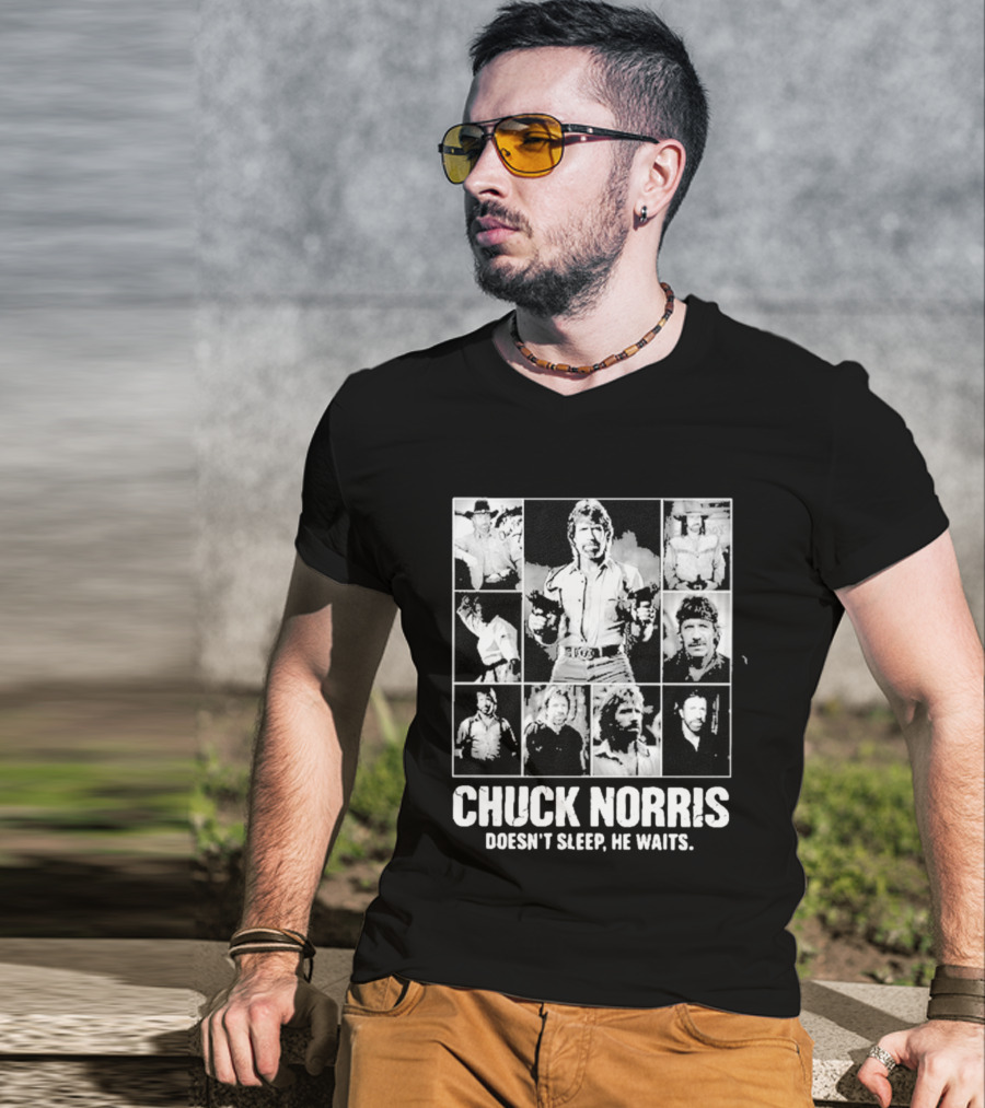 Chuck Norris Doesn't Sleep He Waits Iconic Photos Collage T-Shirt
