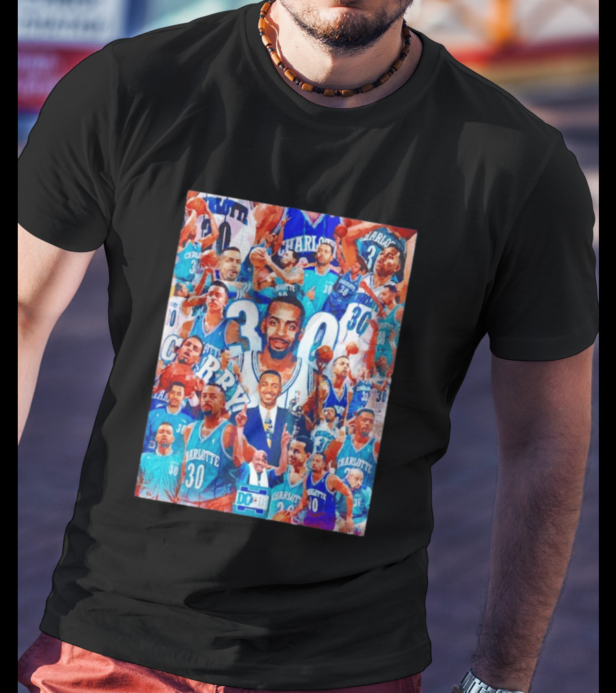 Dell Curry Charlotte Hornets 30 Jersey Collage Throwback T-Shirt