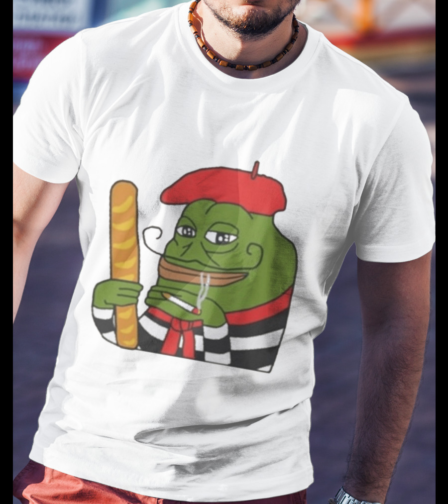 S French Pepe With Baguette And Cigarette Beret Comedy Meme T-Shirt