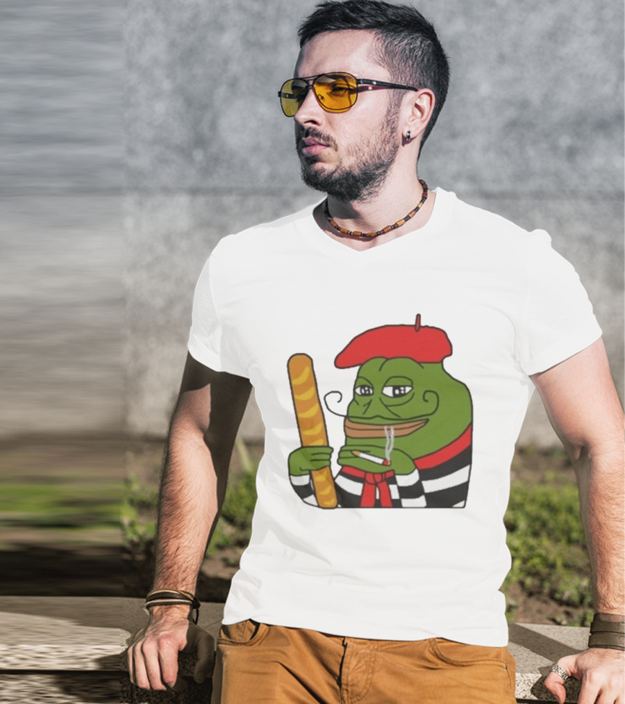 S French Pepe With Baguette And Cigarette Beret Comedy Meme T-Shirt