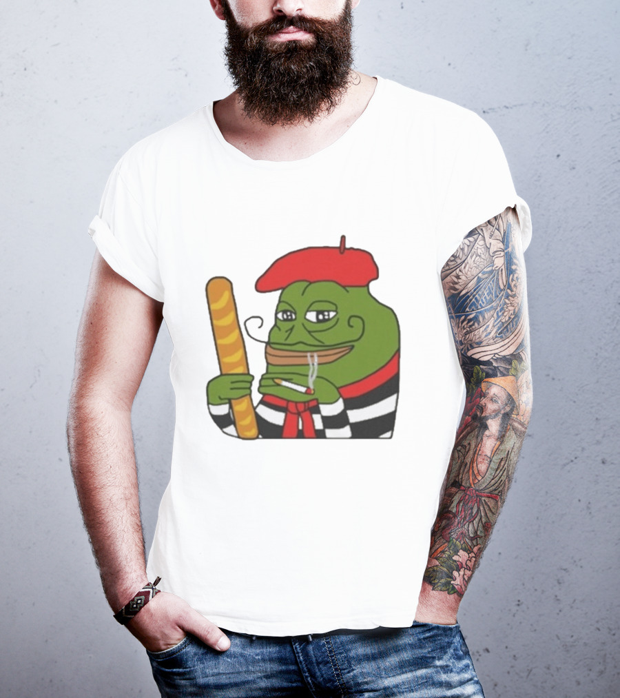 S French Pepe With Baguette And Cigarette Beret Comedy Meme T-Shirt