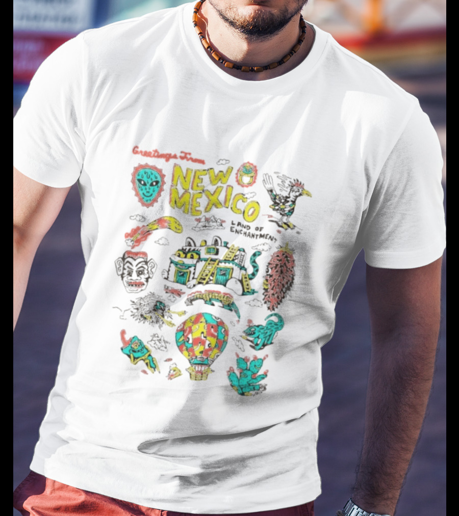 Greetings New Mexico Land Of Enchantment Colorful Southwest Symbols Hot Air Balloon Cactus And Traditional T-Shirt