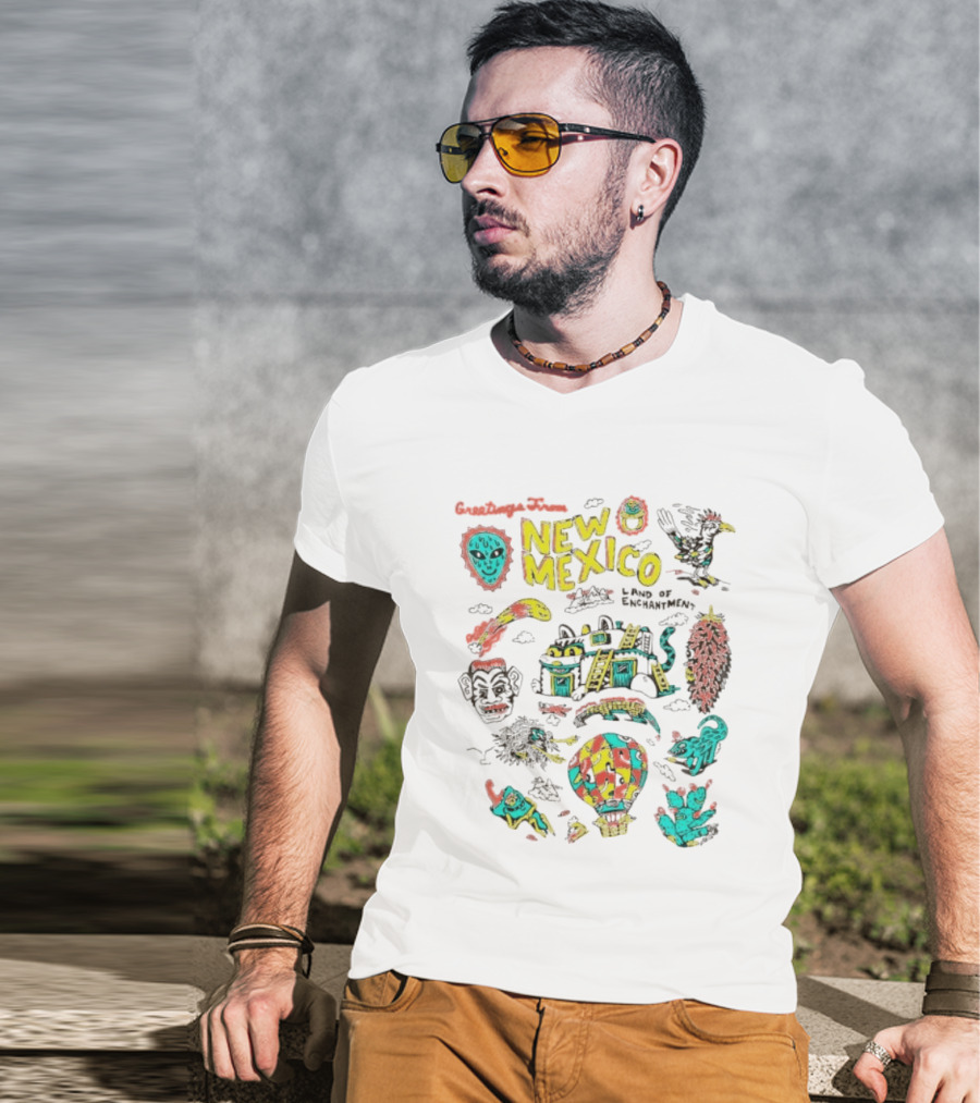 Greetings New Mexico Land Of Enchantment Colorful Southwest Symbols Hot Air Balloon Cactus And Traditional T-Shirt