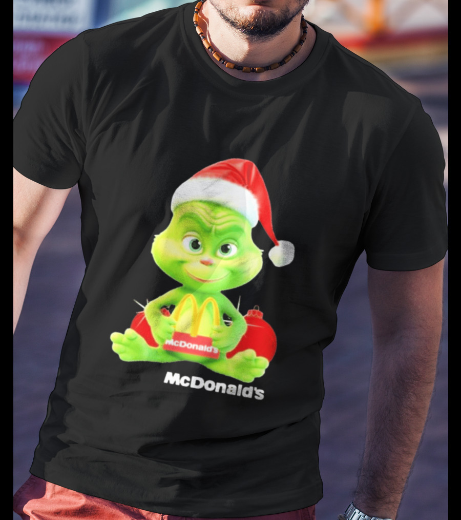 Santa Baby Grinch McDonald's Holding Happy Meal With Santa Hat And Gift Bags T-Shirt