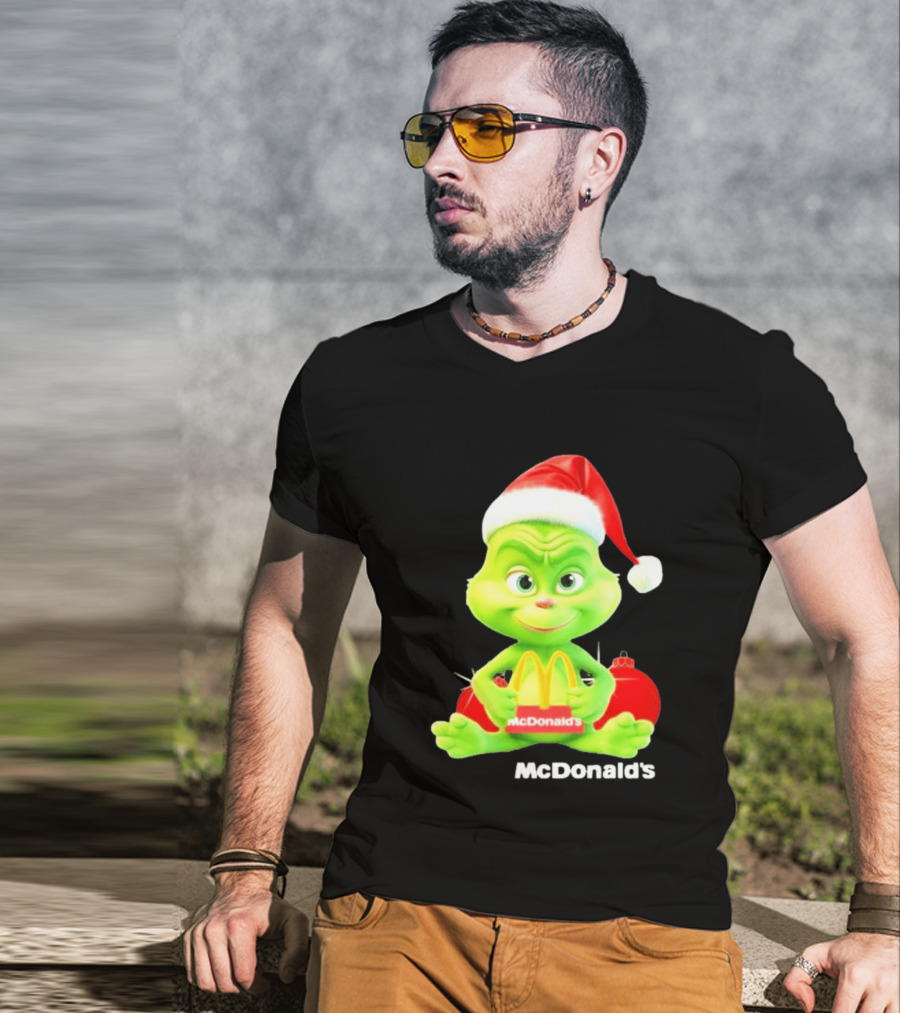 Santa Baby Grinch McDonald's Holding Happy Meal With Santa Hat And Gift Bags T-Shirt