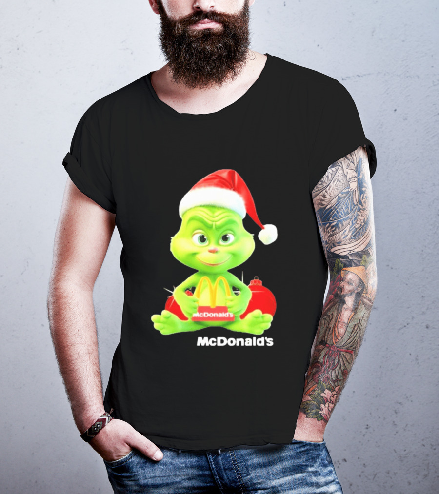 Santa Baby Grinch McDonald's Holding Happy Meal With Santa Hat And Gift Bags T-Shirt