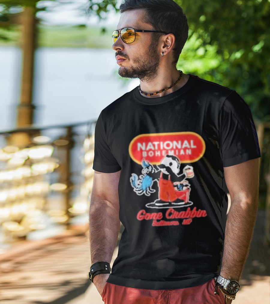National Bohemian Beer Gone Crabbin' Baltimore MD Mr. Boh With Crab And Beer T-Shirt