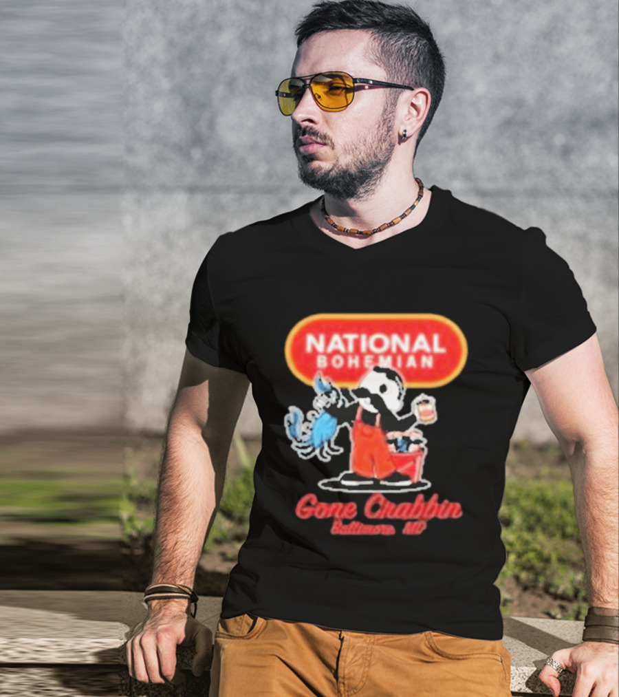National Bohemian Beer Gone Crabbin' Baltimore MD Mr. Boh With Crab And Beer T-Shirt