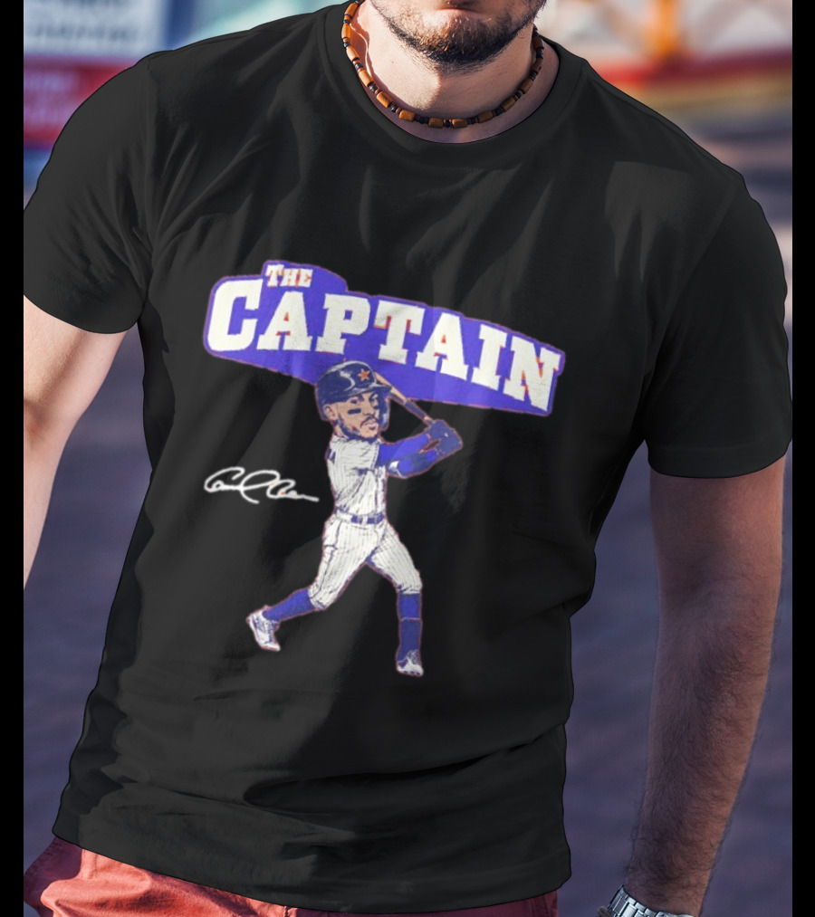 The Captain Carlos Correa Caricature Baseball Player Swinging Bat With Signature T-Shirt