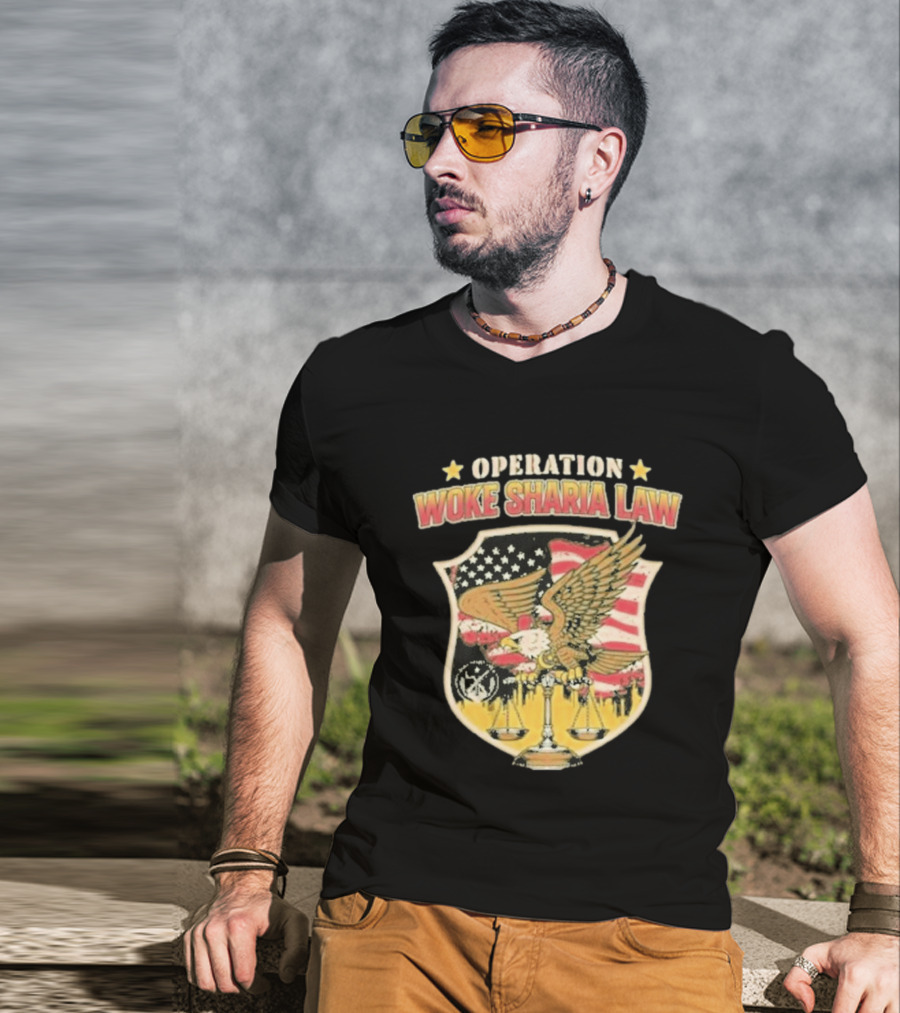 Operation Woke Sharia Law Eagle And American Flag Shield T-Shirt