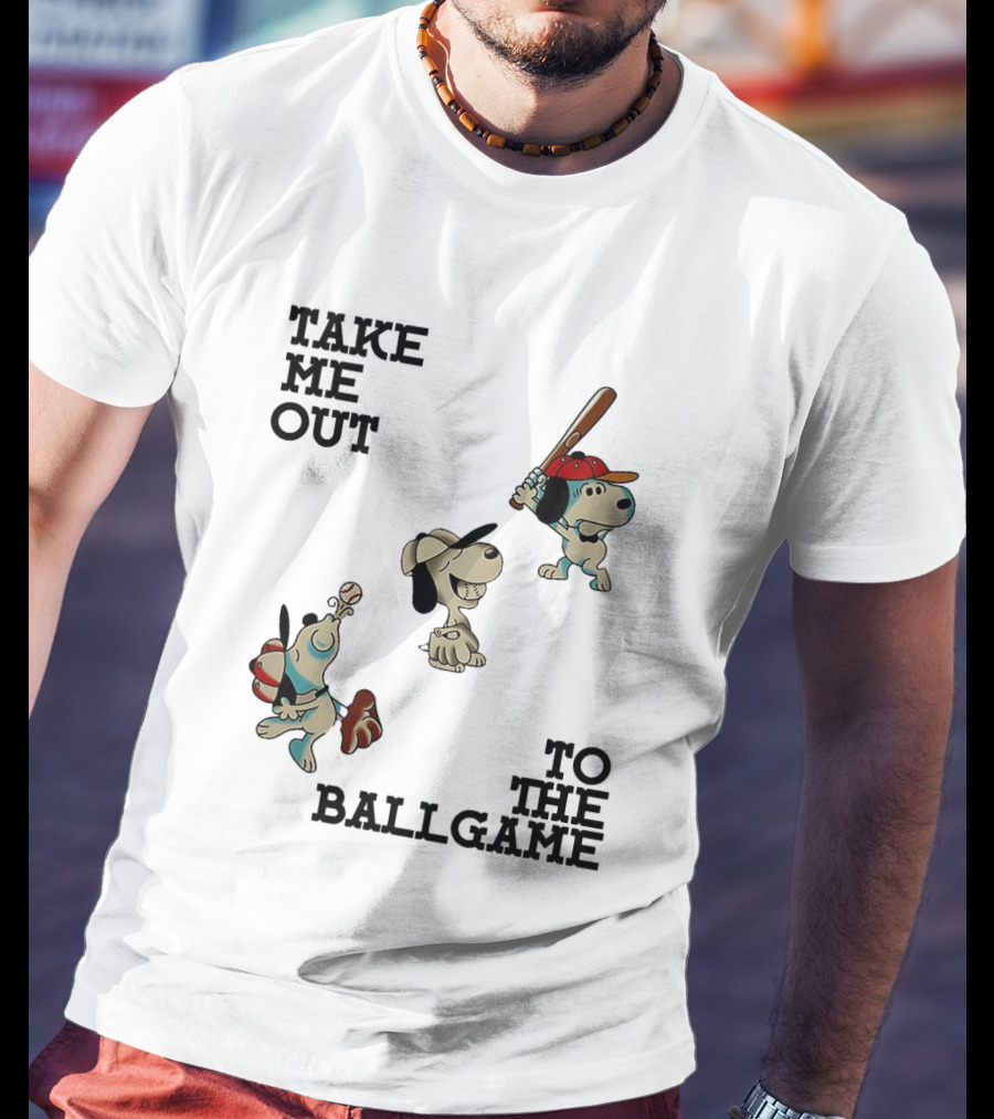 Snoopy Take Me Out To The Ballgame Baseball Red Cap Batting And Catching T-Shirt