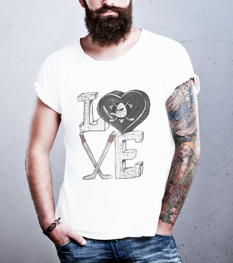 Anaheim Ducks Puck Heart Love Hockey Sticks T-Shirt