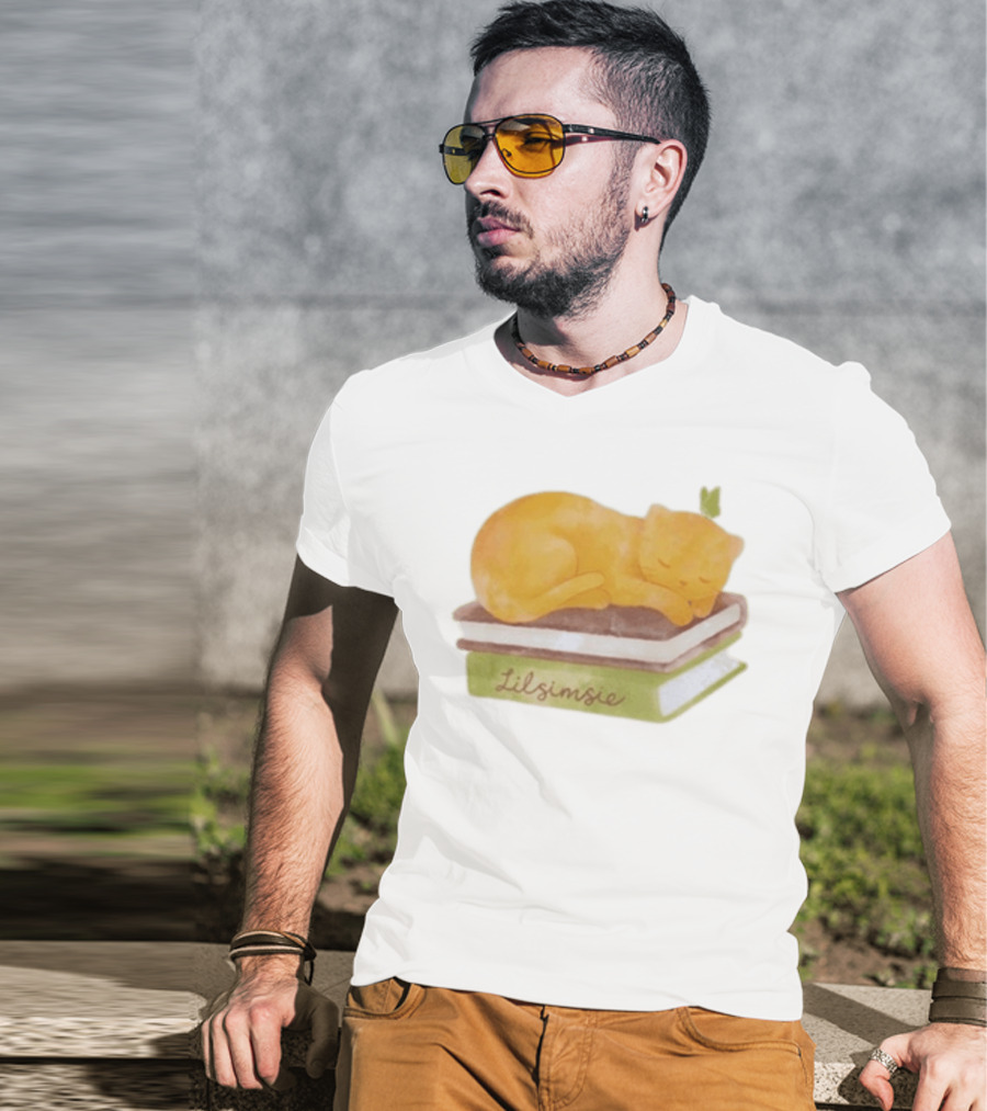 Lilsimsie Sleeping Cat On Books T-Shirt