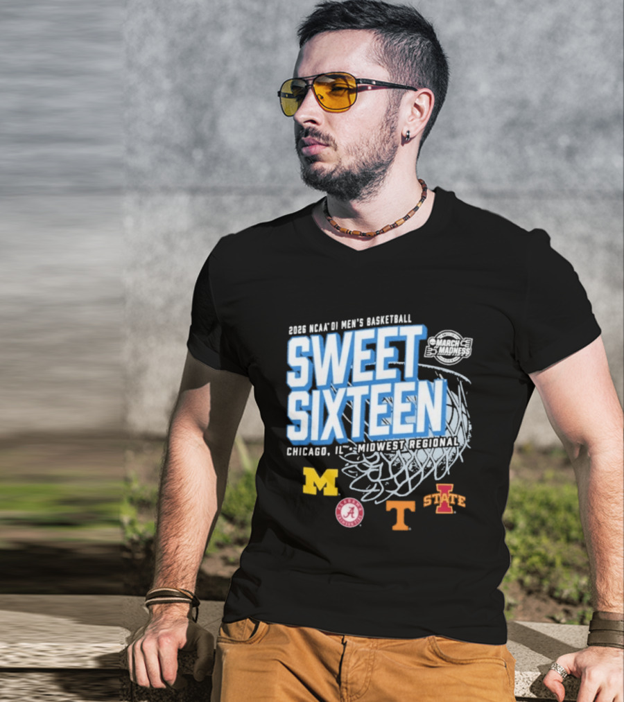 2026 NCAA DI Men's Basketball Sweet Sixteen Chicago IL Midwest Regional Michigan Alabama Tennessee Iowa State T-Shirt