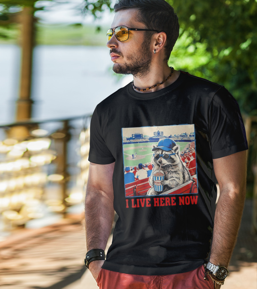 Raccoon Milkshake Baseball Field I Live Here Now T-Shirt