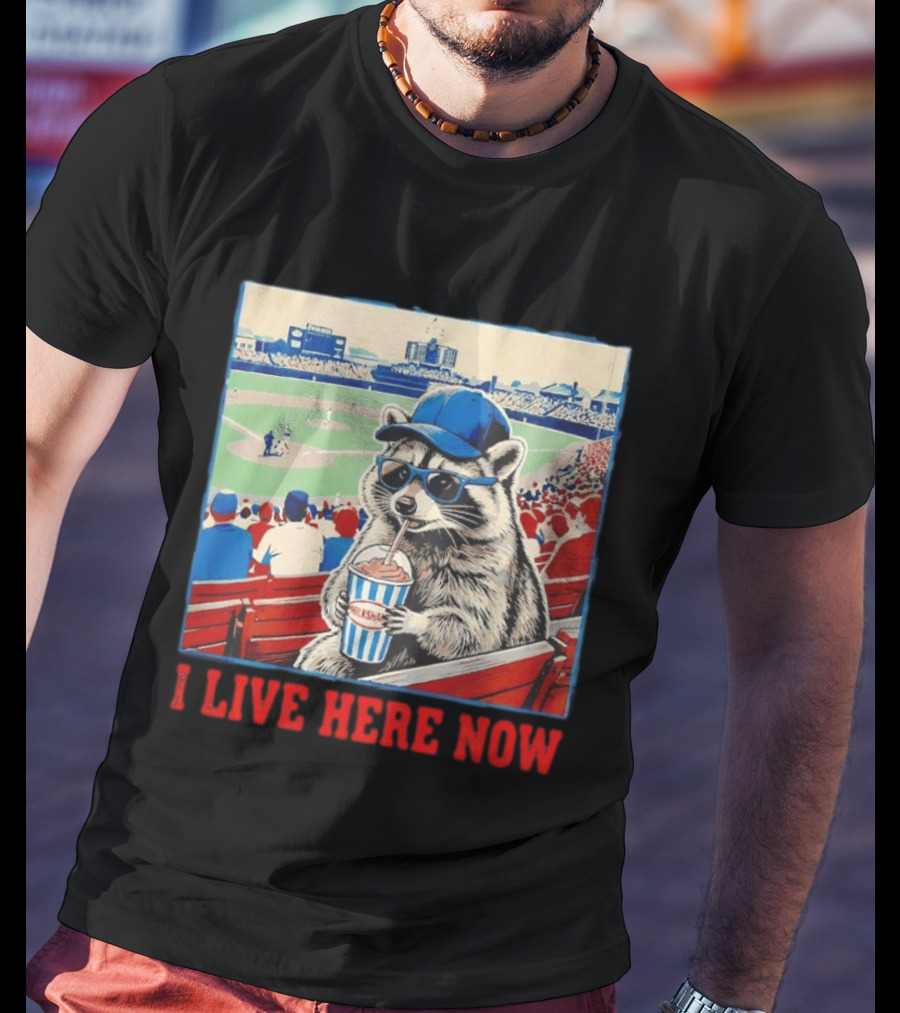 Raccoon Milkshake Baseball Field I Live Here Now T-Shirt